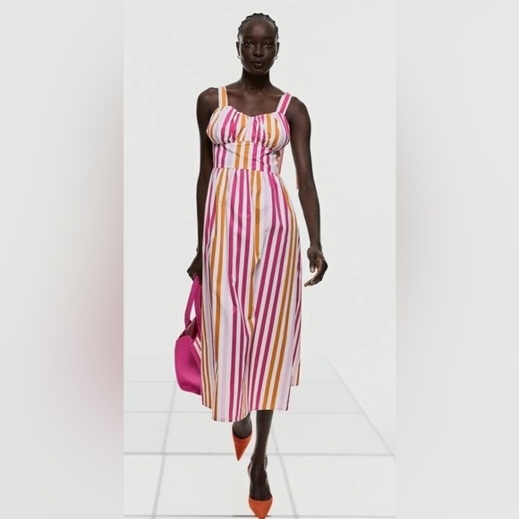 H&M - NWT Bright Colorful Stripe Spaghetti Strap MIDI Dress Size Small - Picture 1 of 12